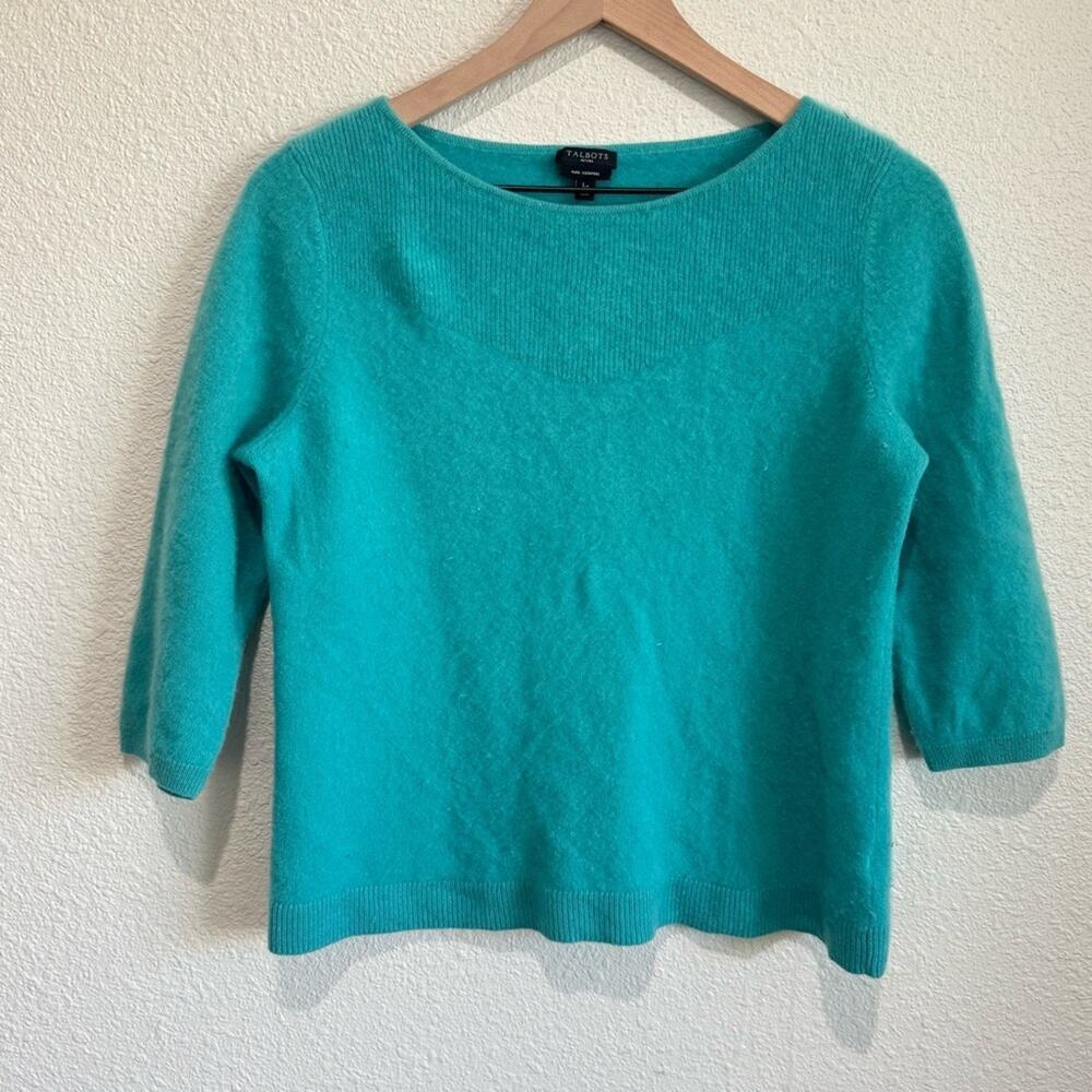 Talbots Petites Pure Cashmere Sweater Teal Turquoise Boat Neck 3/4 Sleeve LP